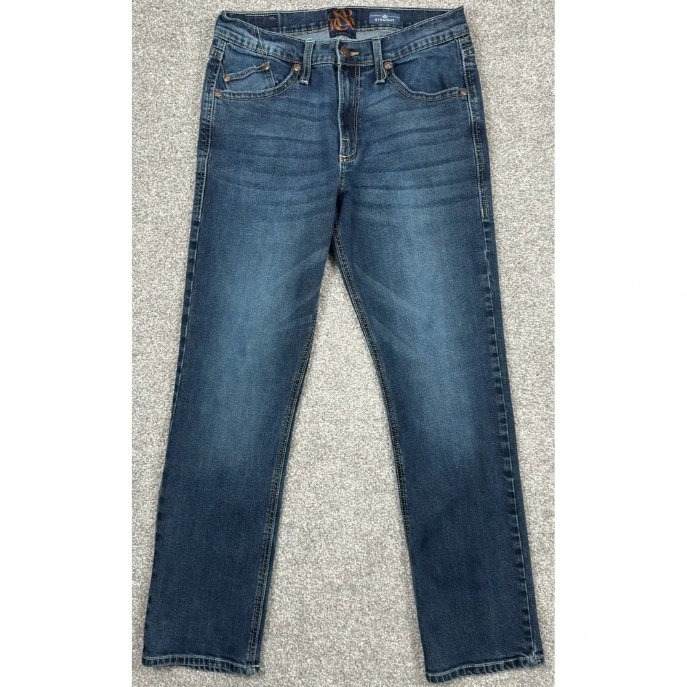 Rock & Republic Jeans Men's 33x32 Straight Stretch Blue Denim Embroidered